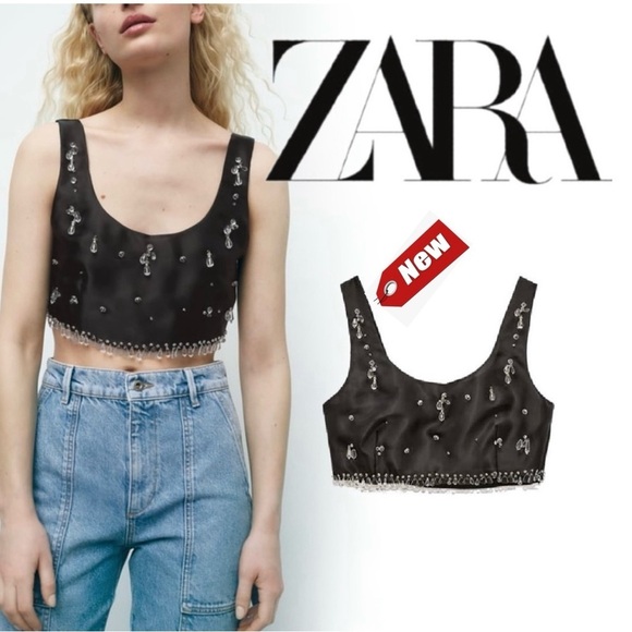 Zara Tops - Zara limited edition black clear beaded jewelled sleeveless crop top Sz S NWT